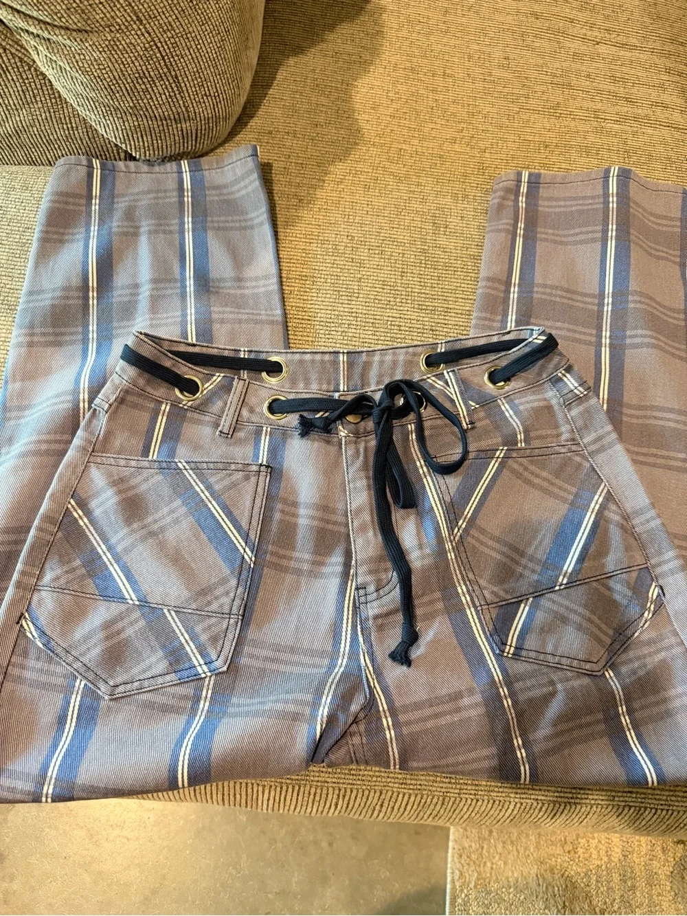 Plaid Wide-Leg Women's Jeans Deep Pockets Slate Blue with Navy Rope Waist Tie 12